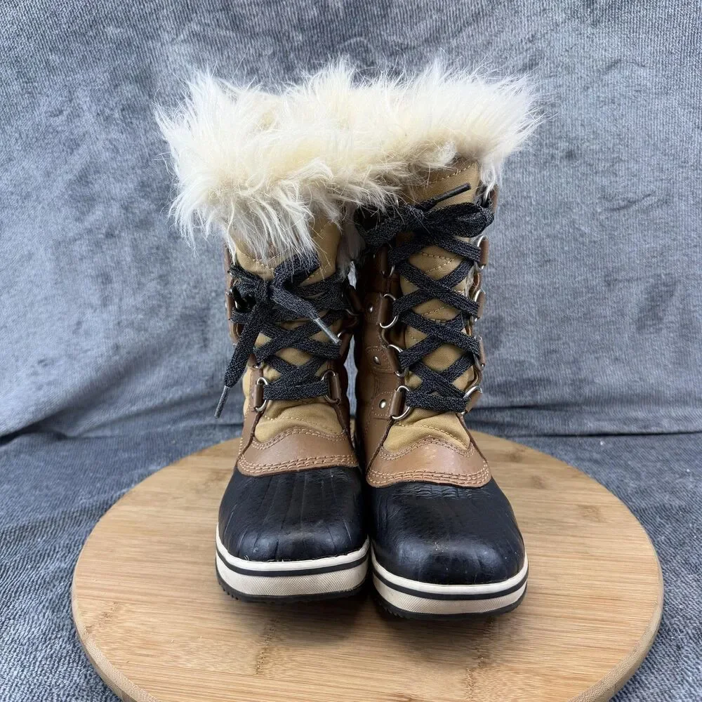 Sorel Boots Girls Size 1 Brown Nylon Faux Fur Waterproof Winter Snow NY2419-373